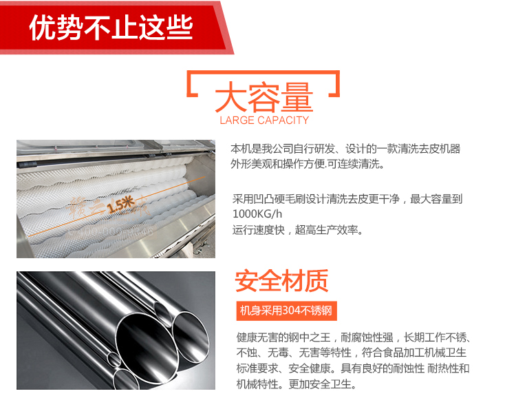 大容量毛輥清洗去皮機(jī)，機(jī)身304不銹鋼設(shè)計(jì)，符合食品機(jī)械加工食品衛(wèi)生要求(圖6)